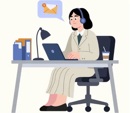 Illustration of a customer support executive using a laptop to assist employers and IT professionals with membership registration and account queries on IndianFreelancers.