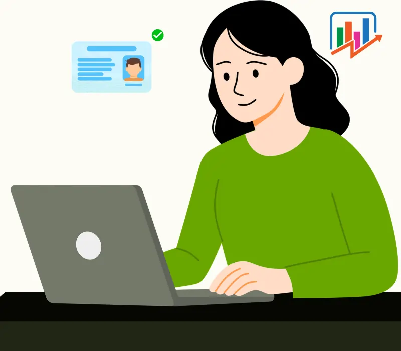 Illustration of a professional woman using a laptop to complete a secure IndianFreelancers membership checkout for hiring verified IT professionals or joining as a candidate.